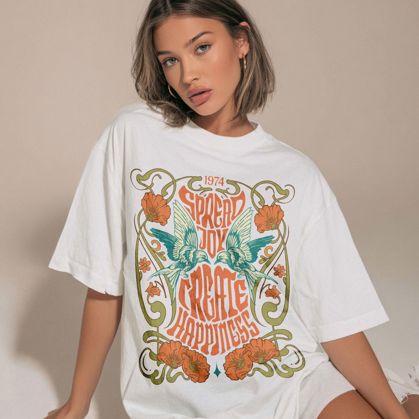 Spread Joy Create Happiness Kindness Peace Women's Groovy Tee