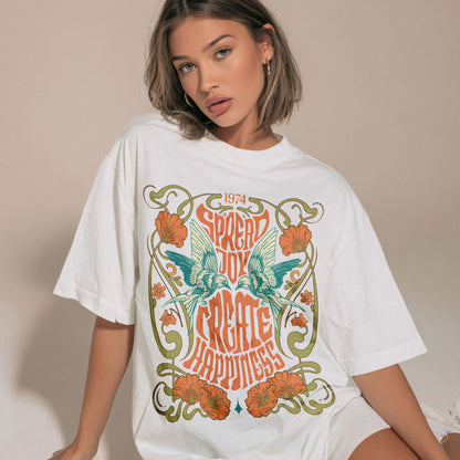 Spread Joy Create Happiness Kindness Peace Women's Groovy Tee