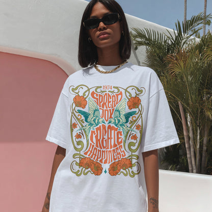 Spread Joy Create Happiness Kindness Peace Women's Groovy Tee