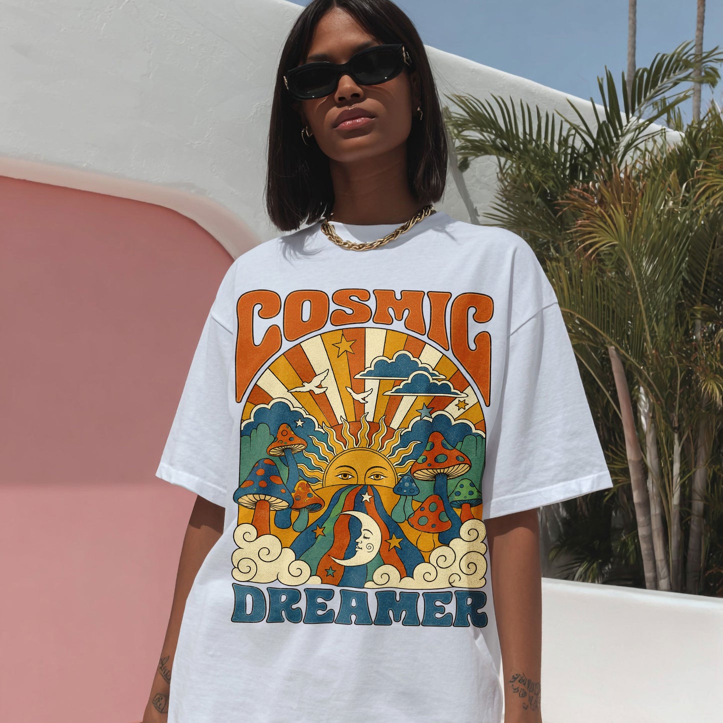 Cosmic Dreamer Sun Moon Women's Groovy Tee