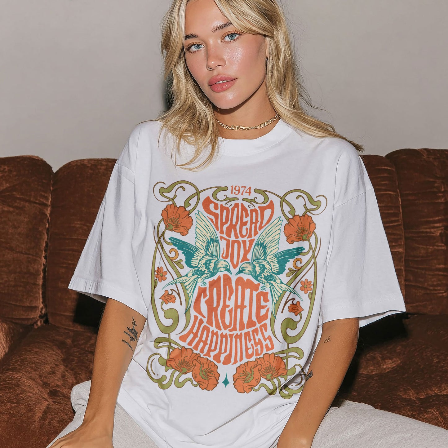 Spread Joy Create Happiness Kindness Peace Women's Groovy Tee