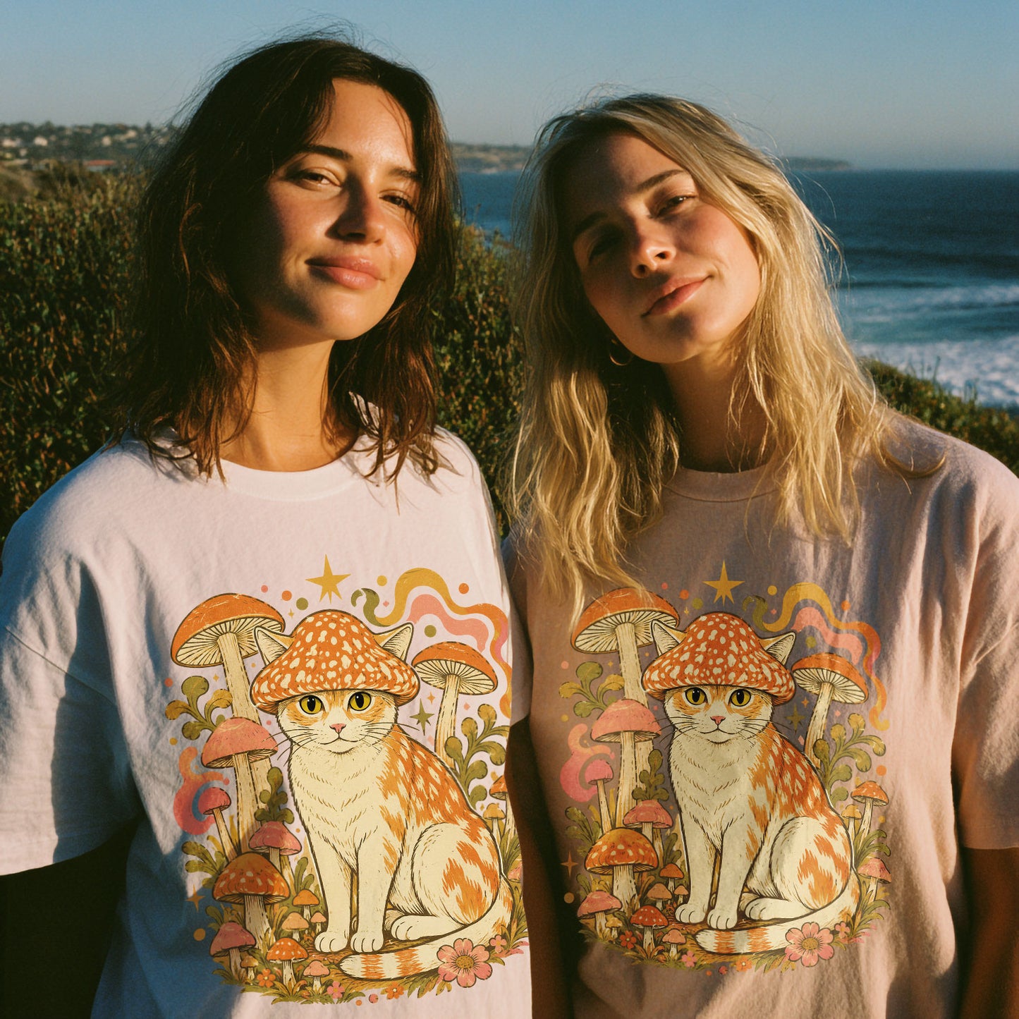 Mushroom Hat Cat Mushroom Nature Women's Groovy Tee