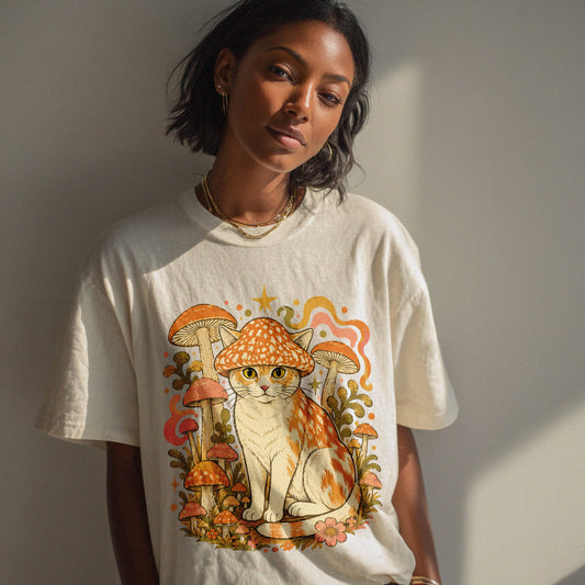 Mushroom Hat Cat Mushroom Nature Women's Groovy Tee