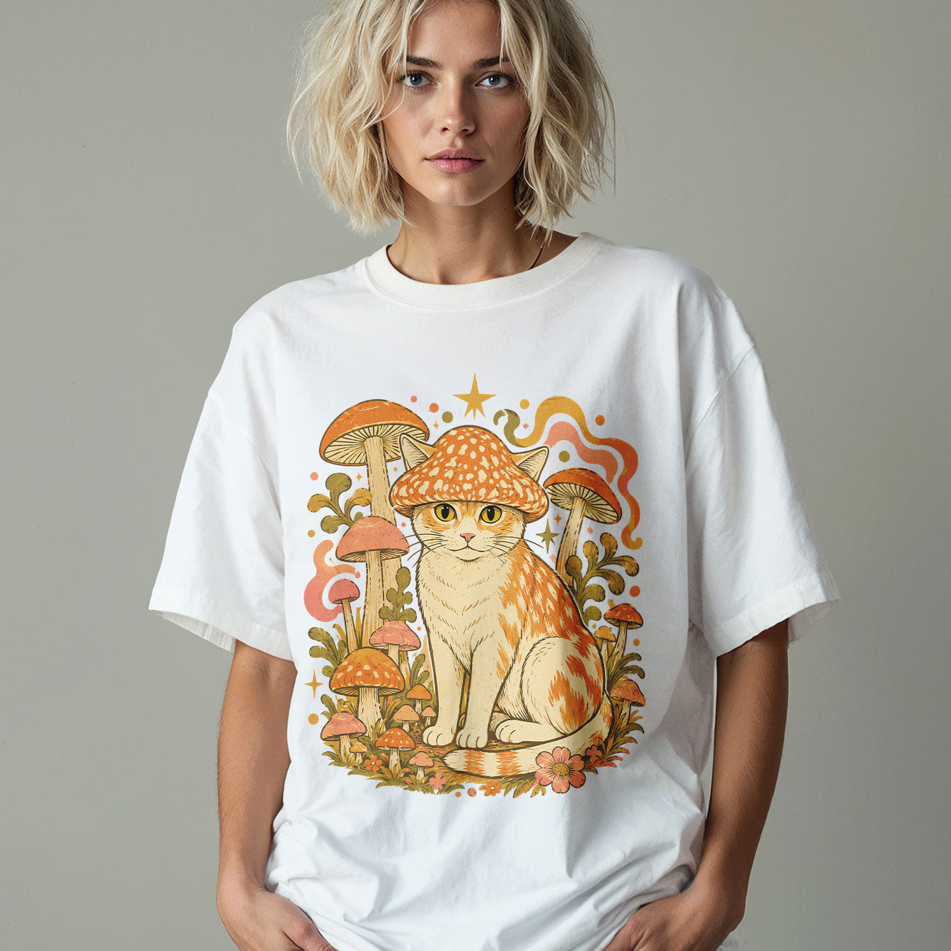 Mushroom Hat Cat Mushroom Nature Women's Groovy Tee
