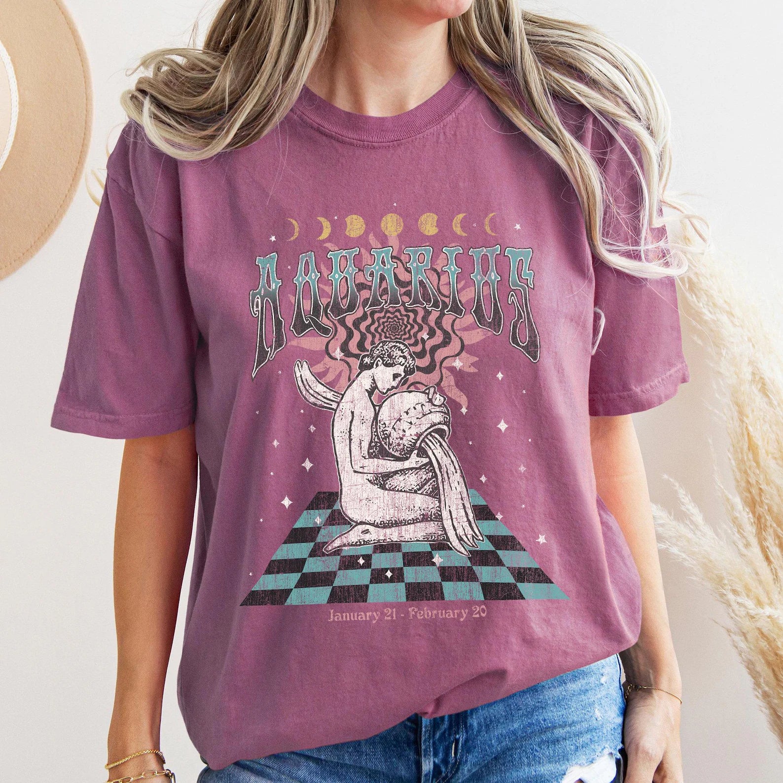 Aquarius zodiac Comfort Colors tee - Berry