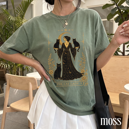 The Cat Lady tarot Comfort Colors tee - Moss