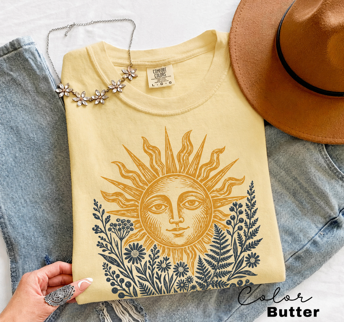 Celestial Sun Botanical Comfort Colors tee - Butter flat lay
