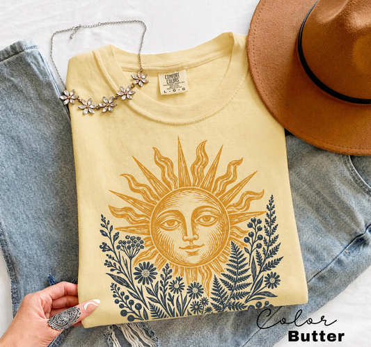 Celestial Sun Botanical Comfort Colors tee - Butter flat lay