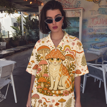 Mushroom Hat Cat Women's 3D Hawaiian Shirt
