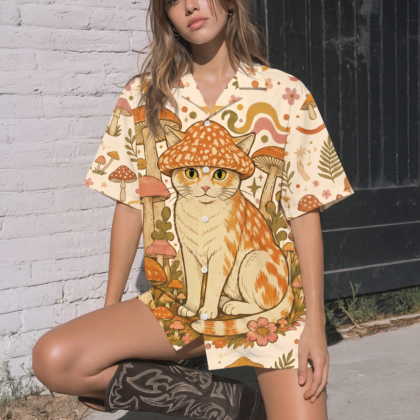 Mushroom Hat Cat Women's 3D Hawaiian Shirt