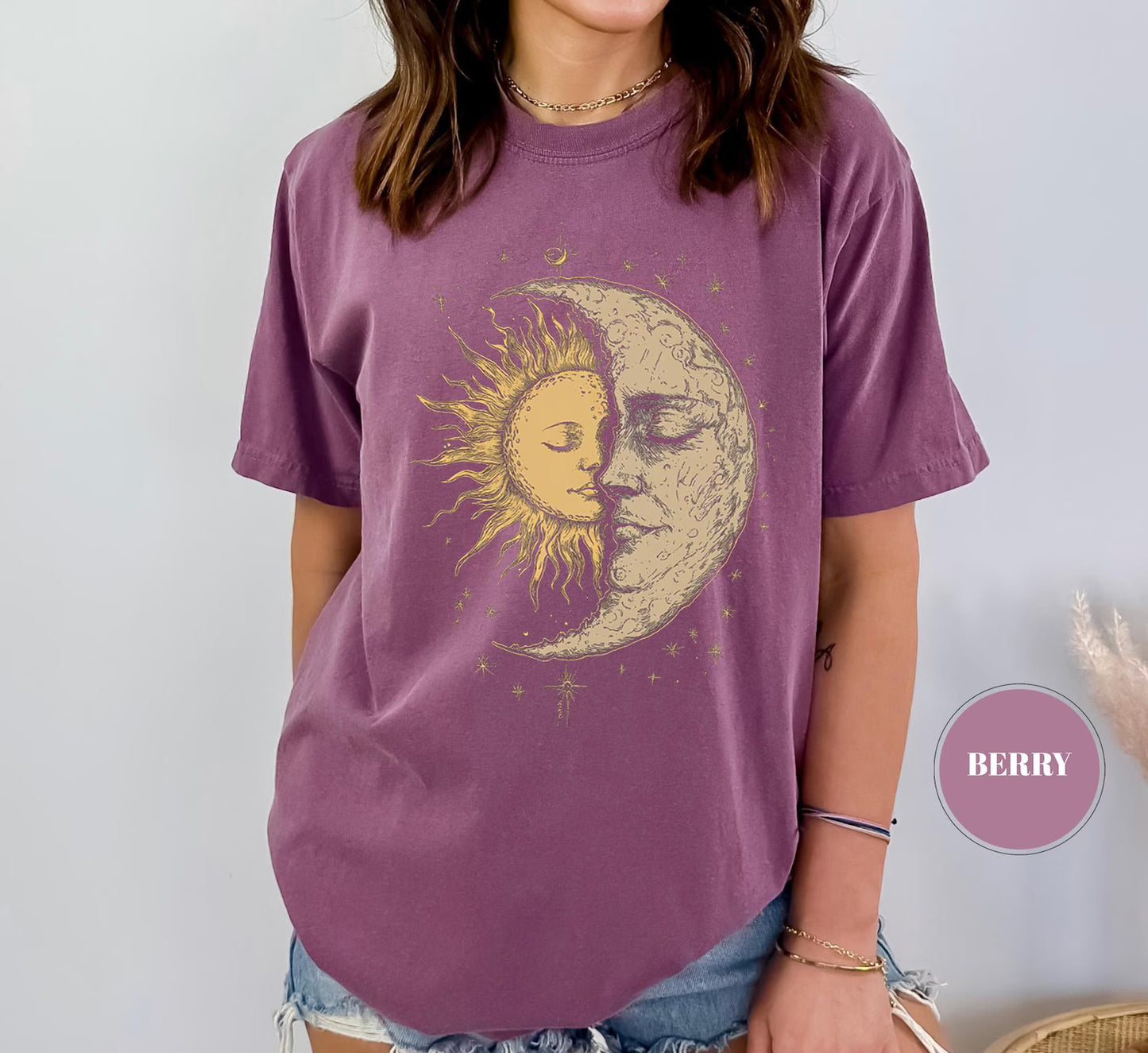 Mystical Sun & Moon Face Women's Groovy Tee Comfort Colors