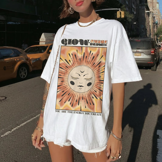 Glow Shine Radiate Sun Moon Women's Groovy Tee