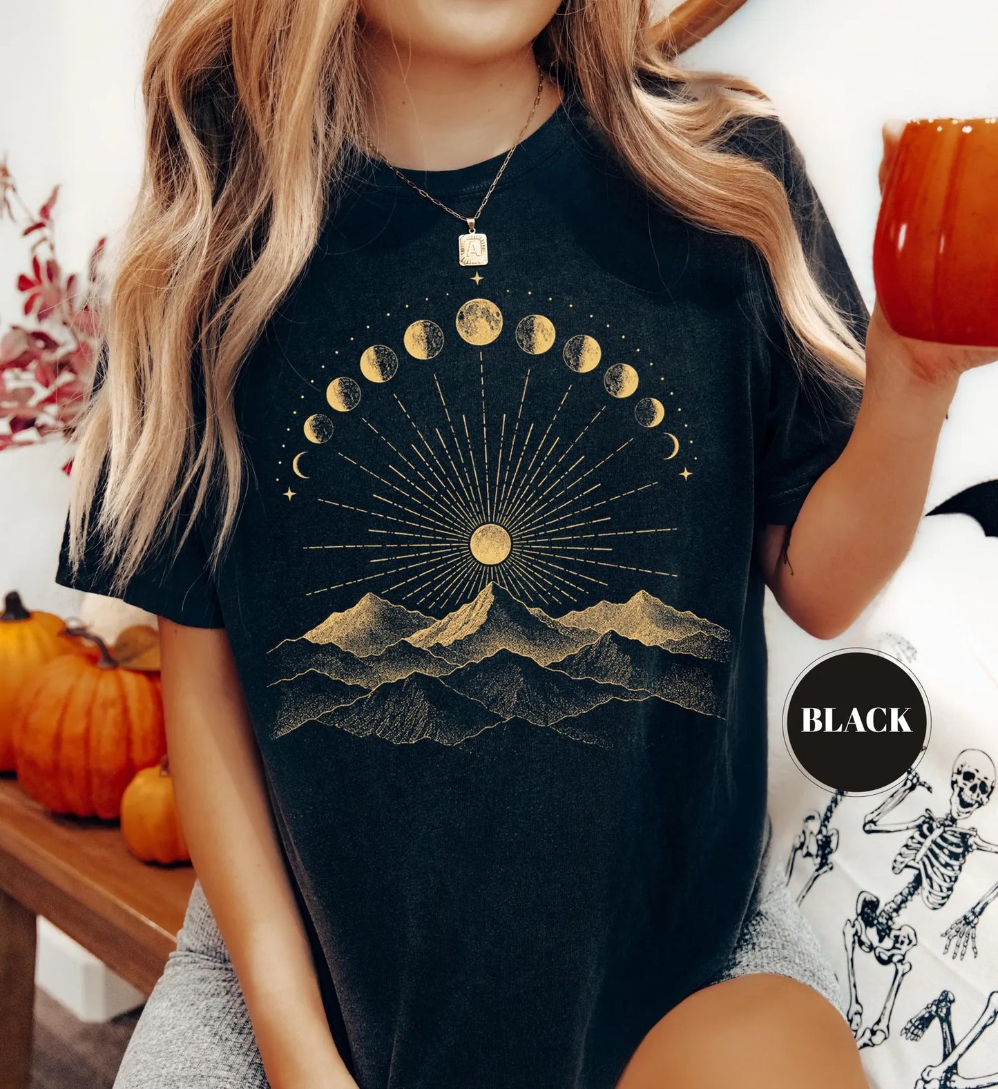 Celestial Moon Phase Mountain Comfort Colors tee - Black