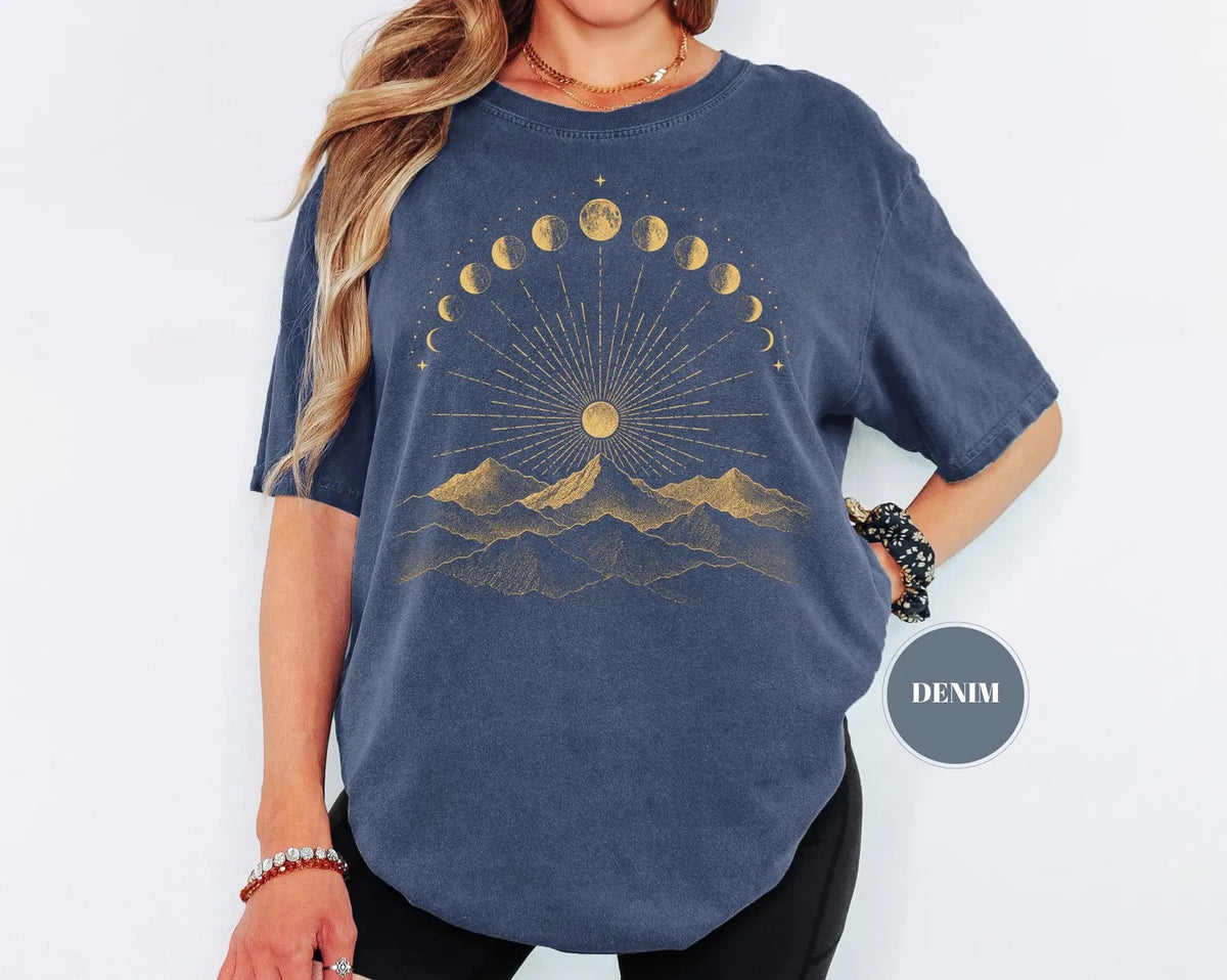Celestial Moon Phase Mountain Comfort Colors tee - Denim