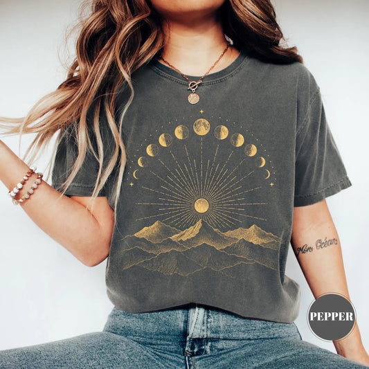 Celestial Moon Phase Mountain Comfort Colors tee - Pepper