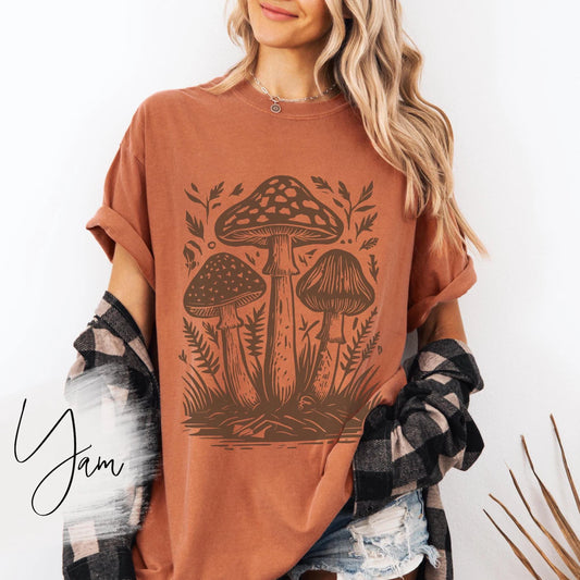 Cottagecore Mushroom Woodcut Comfort Colors tee - Yam