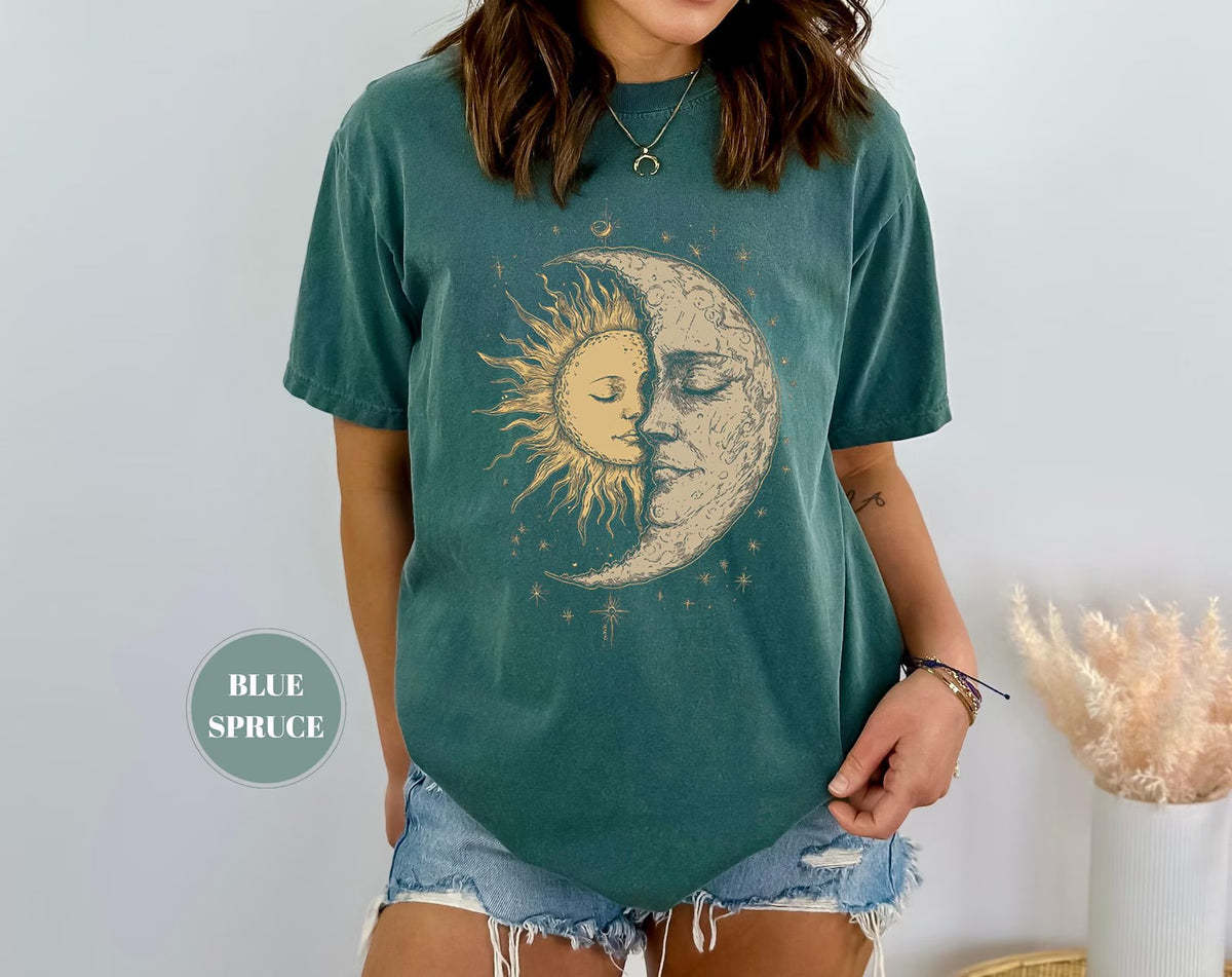 Mystical Sun & Moon Face Comfort Colors tee - Blue Spruce