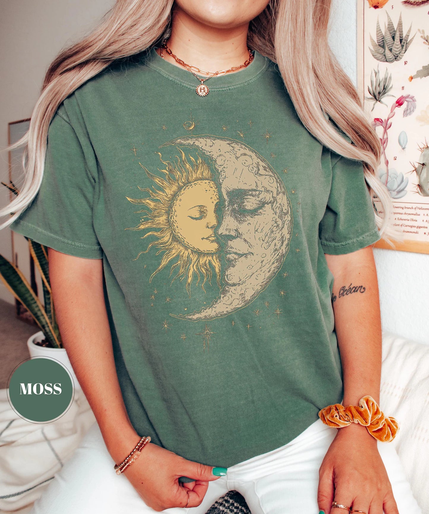 Mystical Sun & Moon Face Comfort Colors tee - Moss