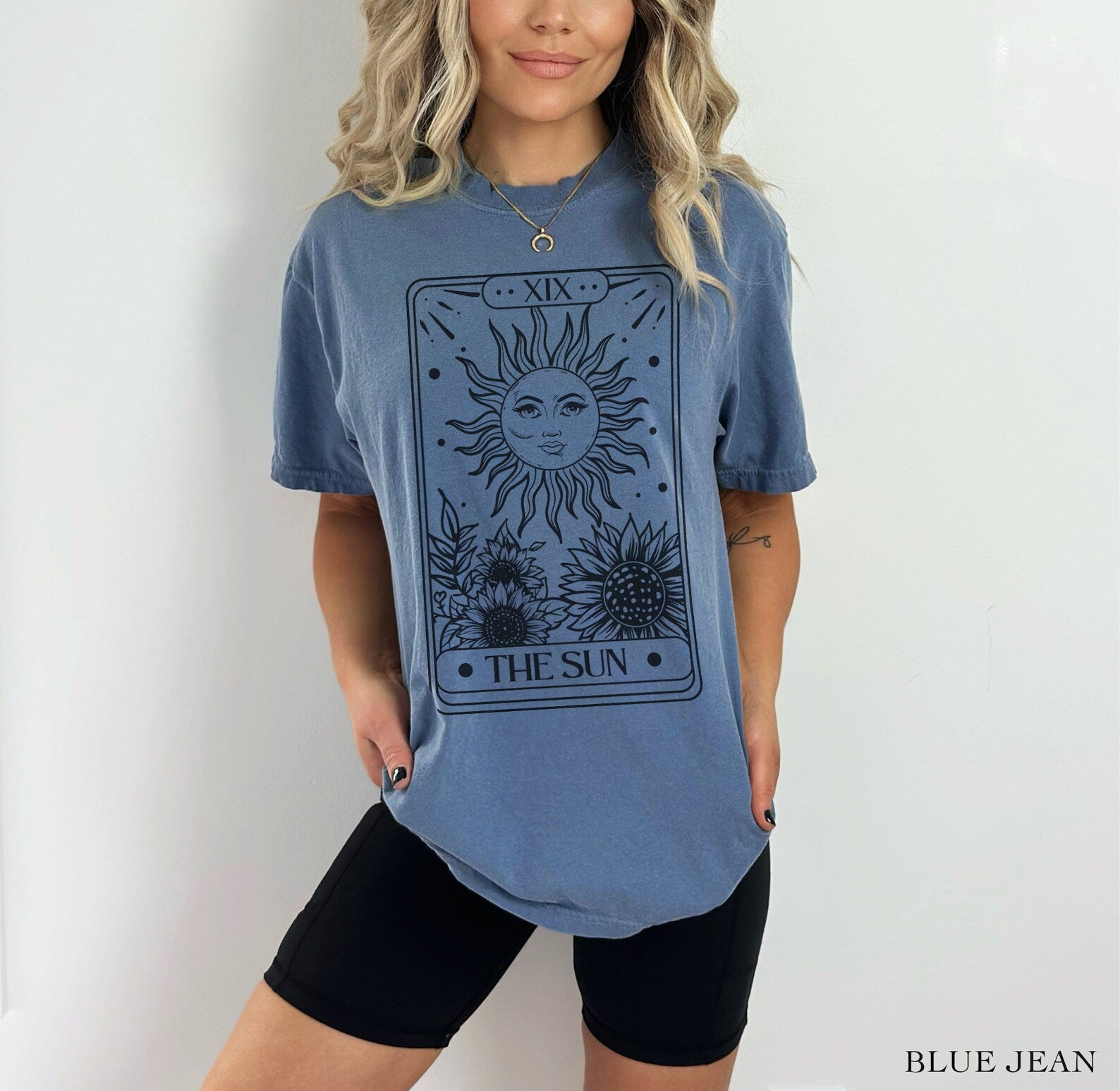 The Sun Tarot Card Comfort Colors tee - Blue Jean